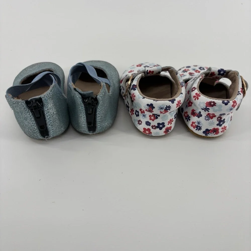 Monkey Feet Shoes Lot Of 2 Baby Girl Size 3-6 Months Blue Flower Flat Soft Soled